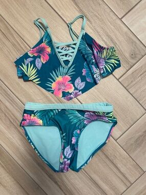 Justice Teal Floral Two-Piece Bikini with Pink & Purple Hibiscus